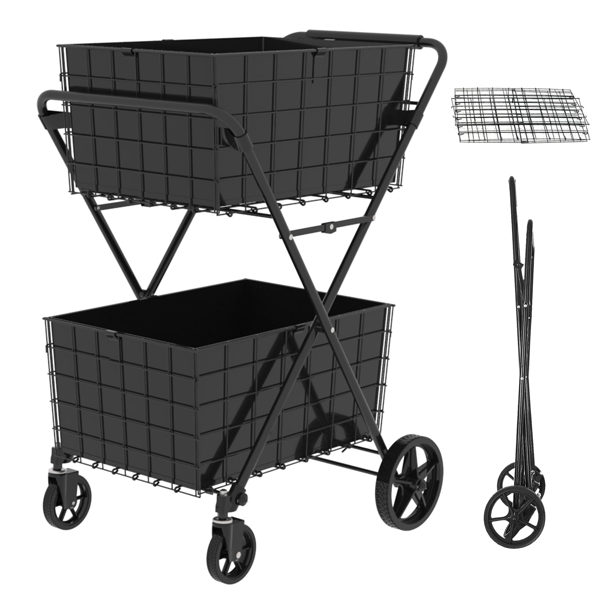 Extra Jumbo Shopping Cart,2 Layers Grocery Cart on Wheels, Foldable Utility Shopping Carts with Double Basket and 360° Rolling Swivel Wheels for