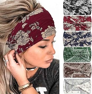 Boho Headbands Women Wide Knotted Hairbands Elastic Turban Head bands Nonslip Floral Headband Yoga Sports Sweatbands Workout Head Wraps Bandana Hair Scarfs Bohemian Hair Accessories 6Pcs (Boho)