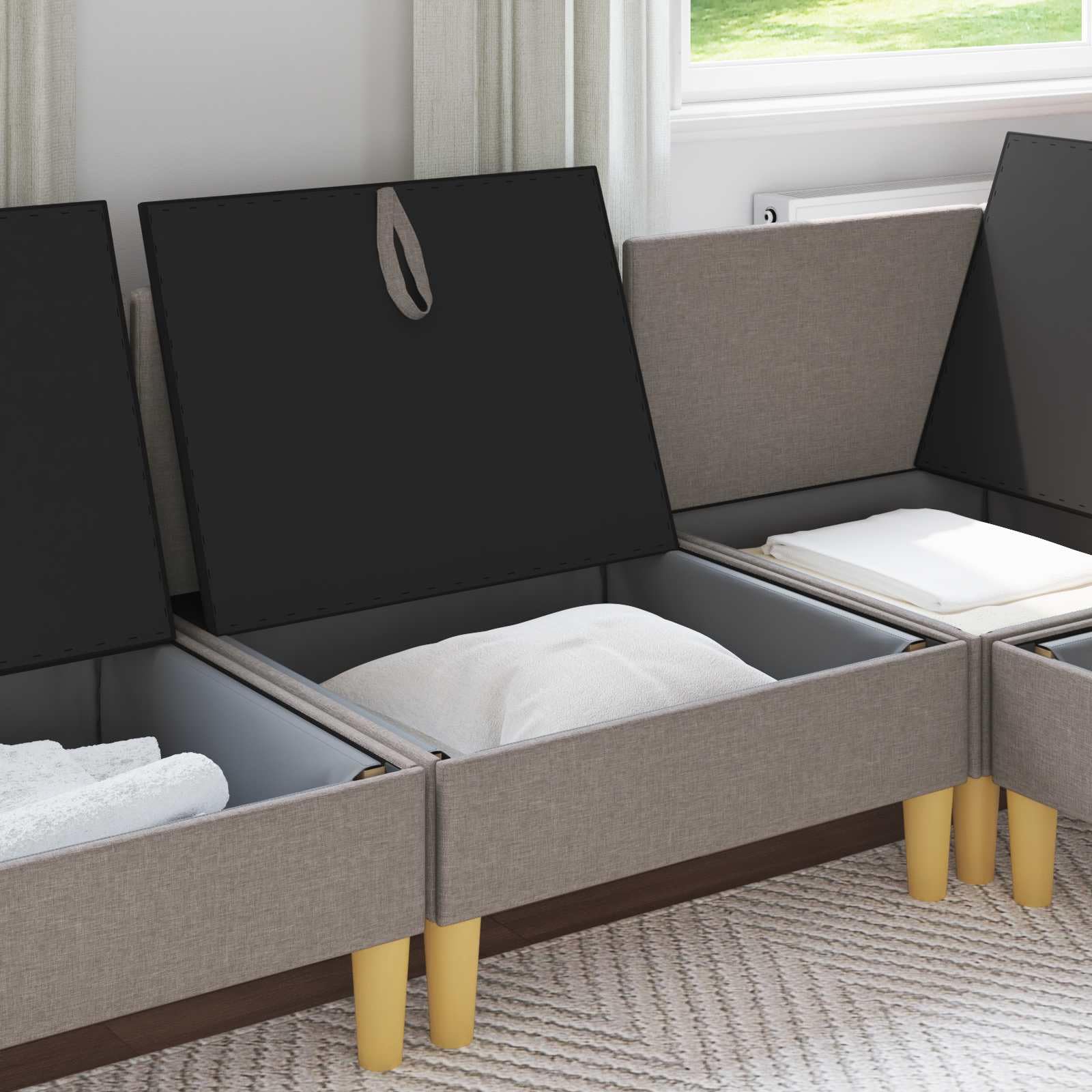 Sofa z miejscem do przechowywania, kwadratowa otomana z wyściółką z pianki i wytrzymałą ramą drewnianą, wszechstronne siedzisko z dużą półką, idealna do salonu, biura, pokoju gościnnego