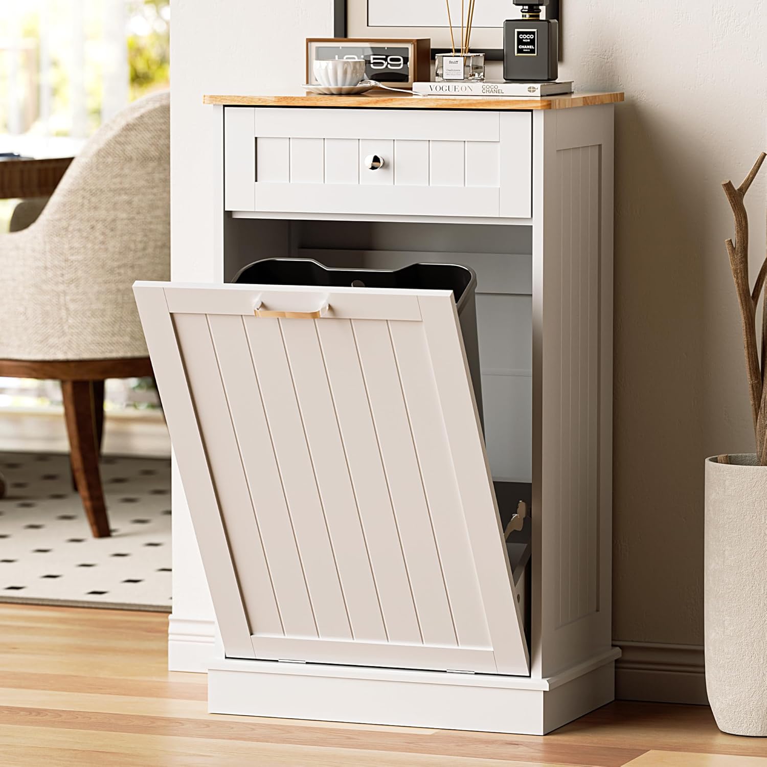 Tilt Out Trash Can Cabinet 13 Gallon, Wooden Freestanding Hidden Trash Can Cabinet with Drawer, Laundry Hamper Cabinet with Odor Control, Garbage Can Holder for Kitchen, Bathroom,White