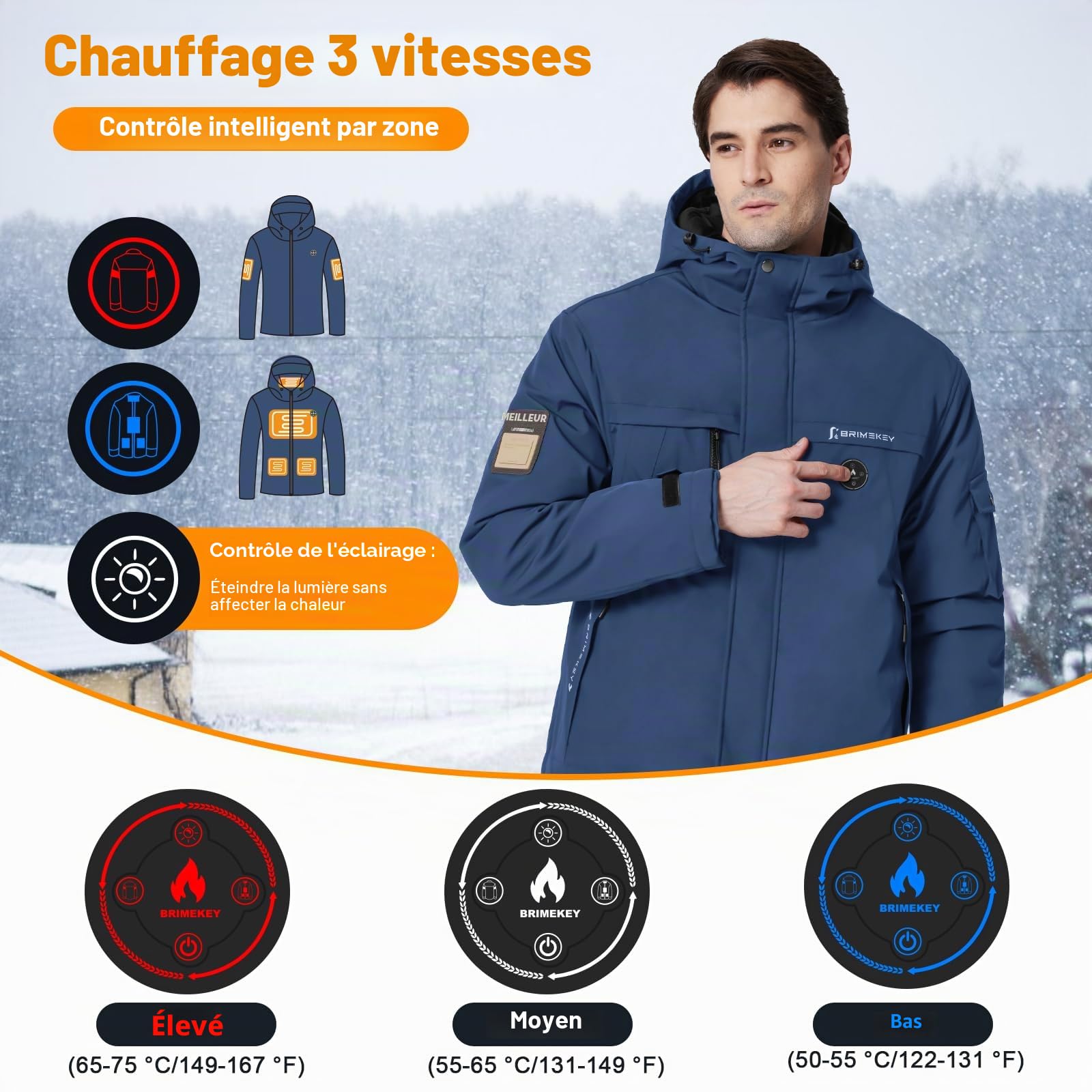 Veste Chauffante Homme avec Doublure en Polaire, Blouson Chauffant avec Batterie Externe 7,4V 12000mAh, Veste Imperméable Coupe-vent 6 Zones Chauffantes 3 Niveaux pour Ski Randonnée Camping
