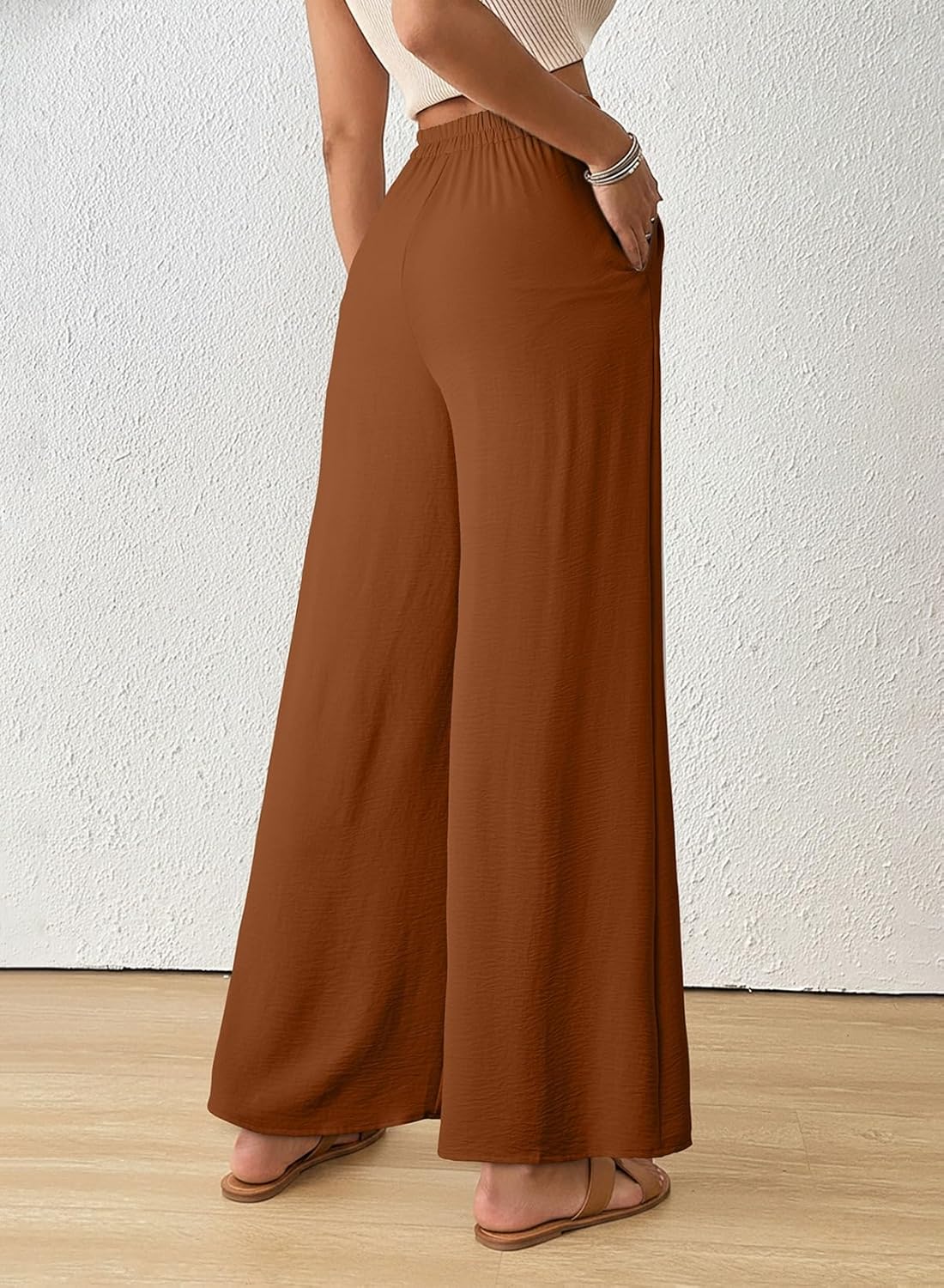 EVALESS Womens High Waisted Button Pleated Wide Leg Pants Beach Vacation Trouses - Image 2