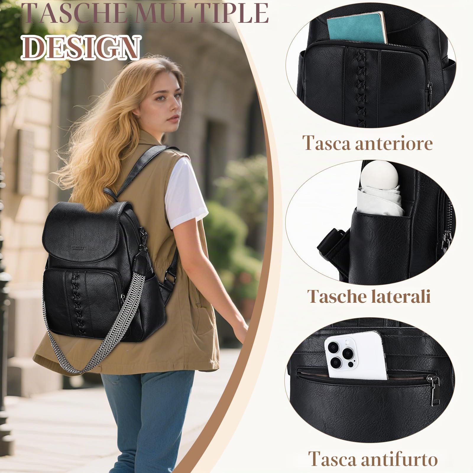 VASCHY Zaino Pelle Donna,Zainetto Donna Elegante Borsa Zaino Lavoro Zaini Antifurto Vintage con Tracolla/Scuola/Viaggio