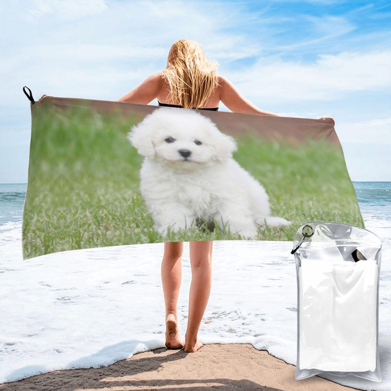 ENGhjes Bichon Frise Dog Print Camping Towel Fast Drying Bath Beach Shower Wrap For Gym Camping Vacation Adults Portable Gift