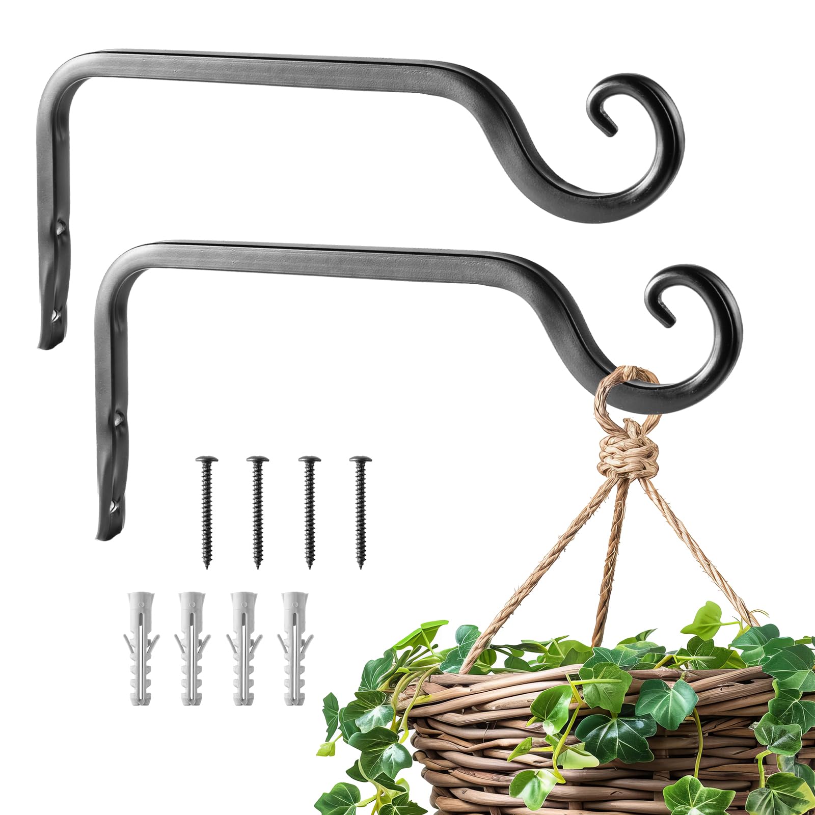 2Pcs 10.2in/26cm Heavy Duty Hanging Basket Bracket, Black Metal Hanging Basket Brackets Outdoor for Garden, Plants, Bird Feeders, Wall Lantern