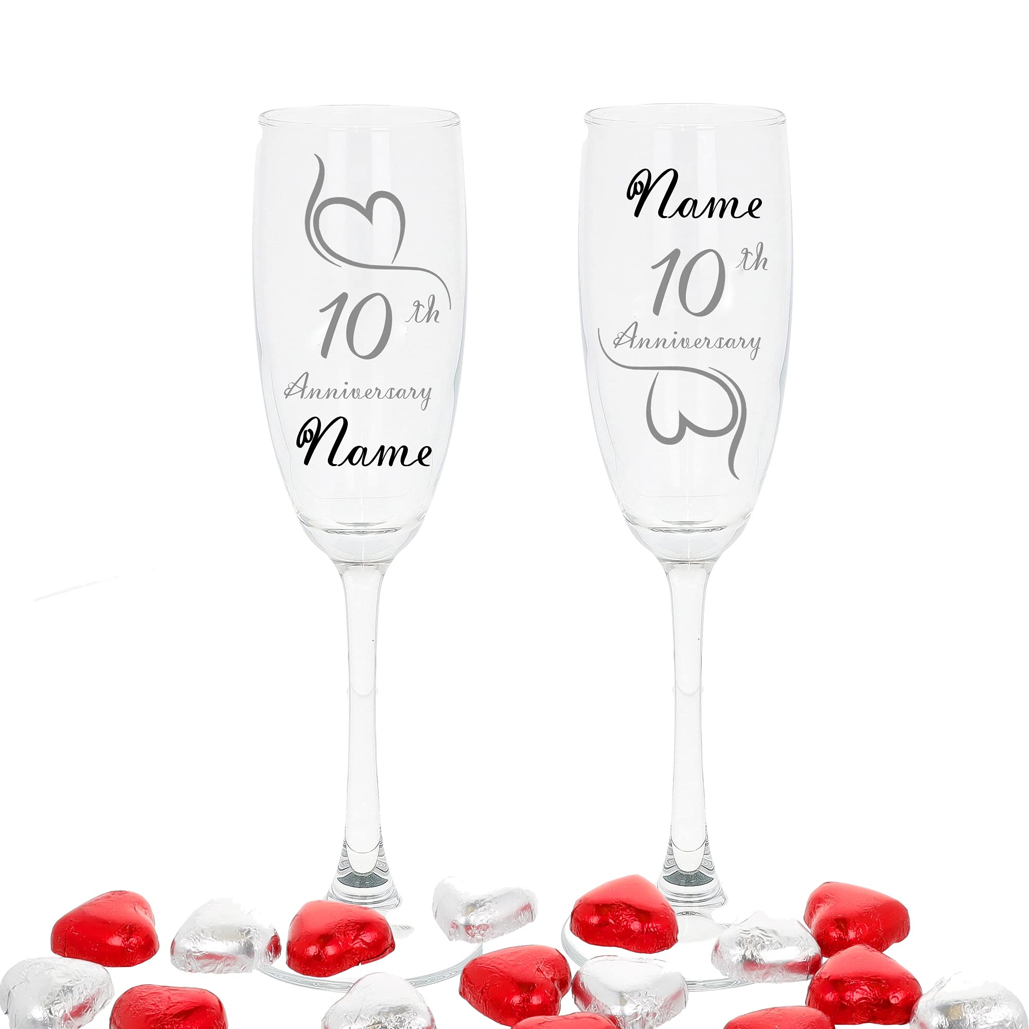 Always Looking Good Personalised Engraved 10th Wedding Anniversary Set of 2 Champagne Flute Glasses Tin Wedding Engraved Glasses Chocolate Hearts Engraved Champagne Flute (Empty Glasses)