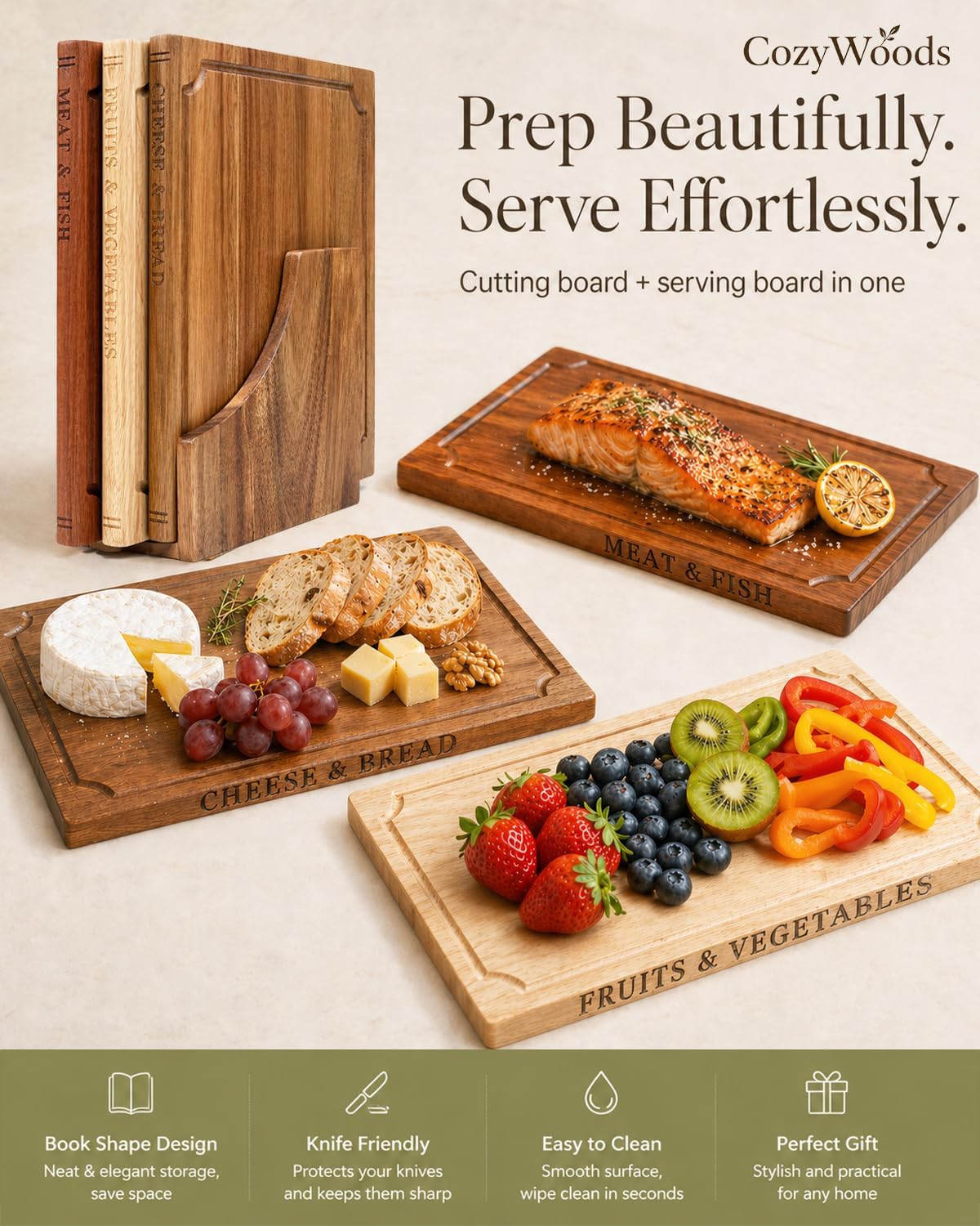 Book Cutting Board Set with Stand,3-Piece Real Hardwood Kitchen Boards