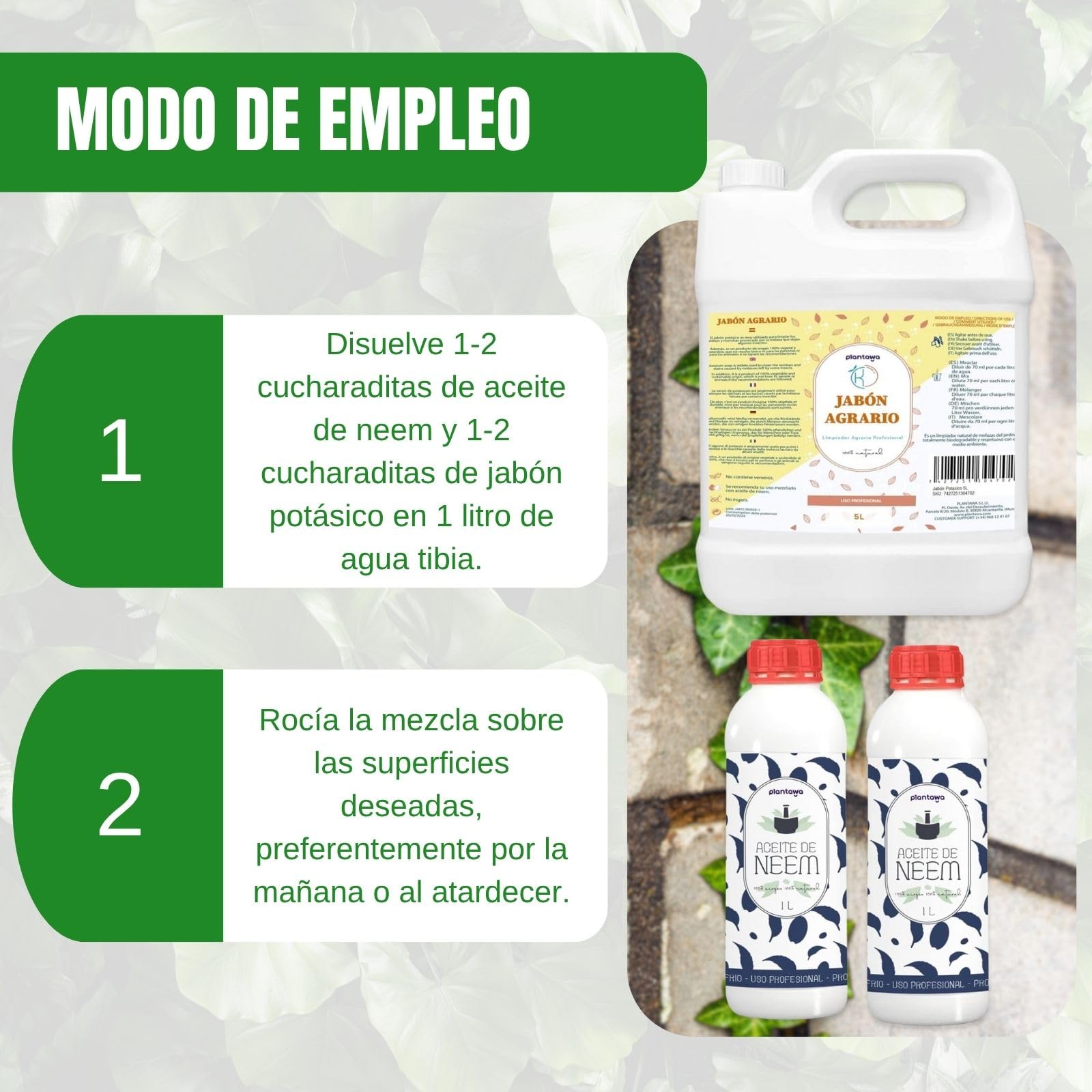 PLANTAWA Pack Jabón Potásico 5L con Aceite de Neem 2x1L | Solución Multiusos | Fácil Aplicación y Máxima Eficacia | Versátil | Uso en Interior y Exterior | Productos de origen natural