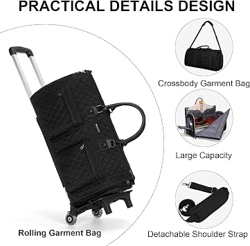 Modoker Convertible Rolling Garment Bag, Carry-On Duffle with Wheels, Black