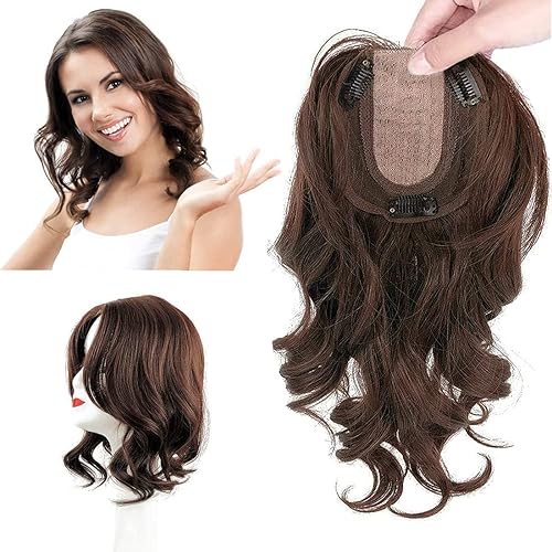 Toppers de cabello ondulado natural de 14 pulgadas para mujer, cabello sintético en la parte media de 4.3 x 5.1 in, parte en U, base de seda, parte