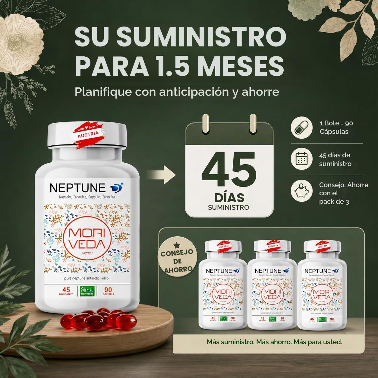 MoriVeda NEPTUNE Cápsulas de aceite de krill, suministro para 135 días, con omega 3, 6 y 9 (EPA/DHA), antioxidantes, vitamina E y colina, certificado por el MSC y sostenible, 3 x 90 cápsulas blandas