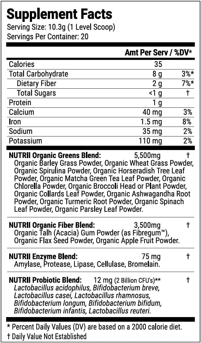 Nutrii Pure Super Greens Powder with Turmeric, Probiotics, Enzymes & Ashwagandha – Herbal Superfood Essentials for Bloating & Gut Digestion – 20 Servings Lemon-Mint