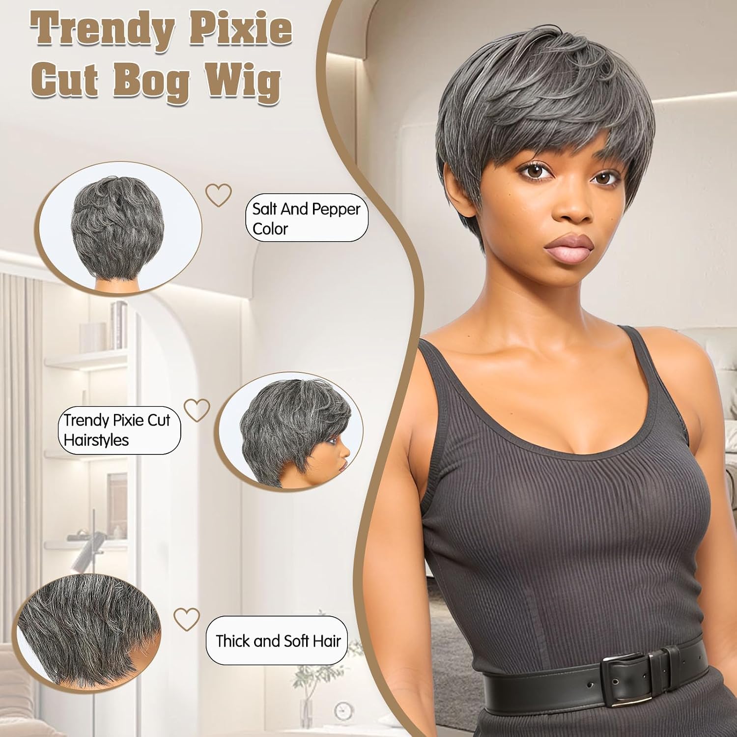 HANASCC Grey Glueless Wigs for Black Women Salt and Pepper Human Hair Wig Pre Plucked Layered Short Pixie Cut Bob Wig with Bangs None Lace Full Machine Made 6"
