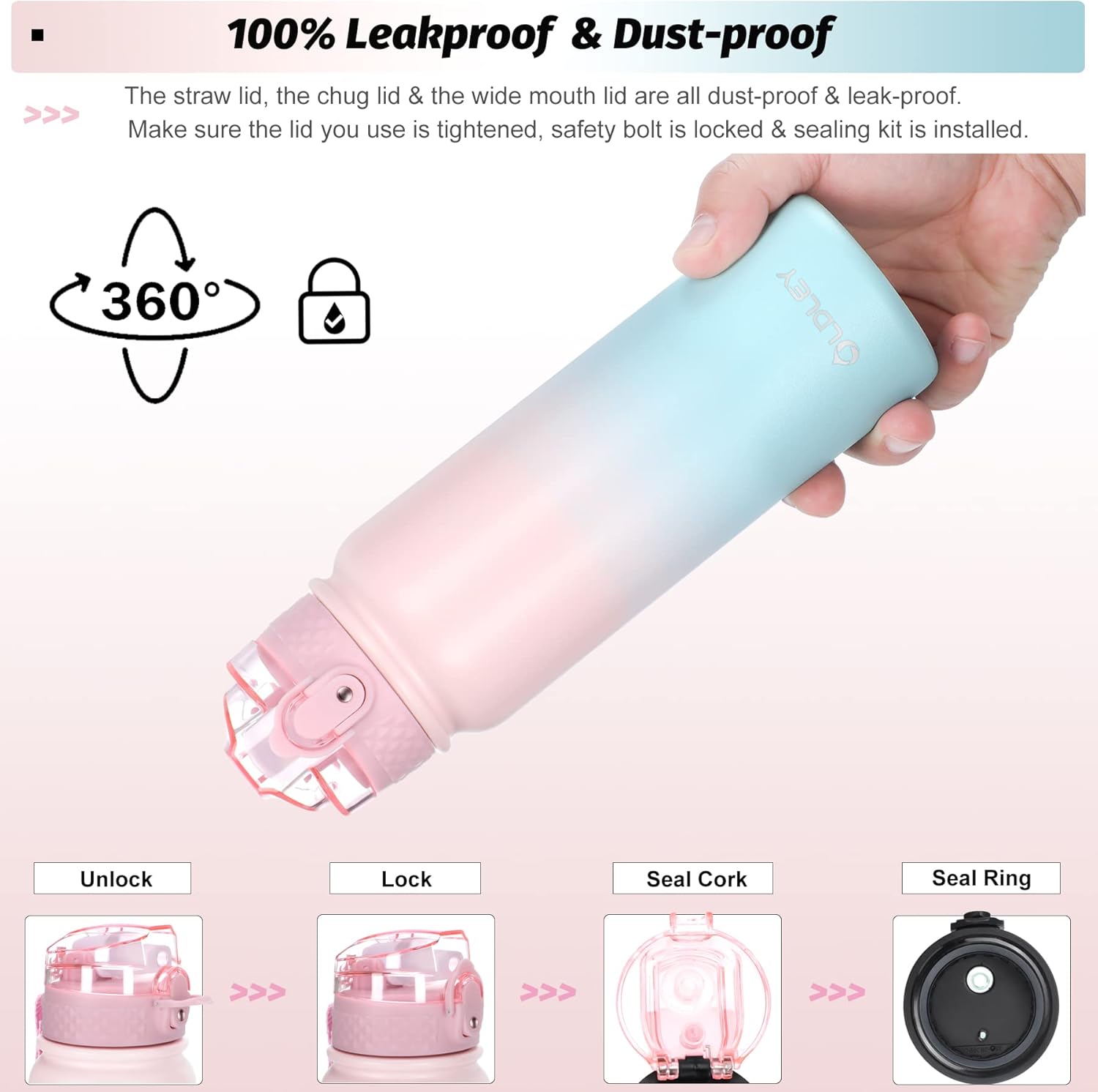 Oldley Insulated Water Bottle with Straw 20oz Stainless Steel Water Bottles with 3 lids Double-Wall Vacuum Thermal for Kids Adults School Sports, Pink-Blue - Image 5