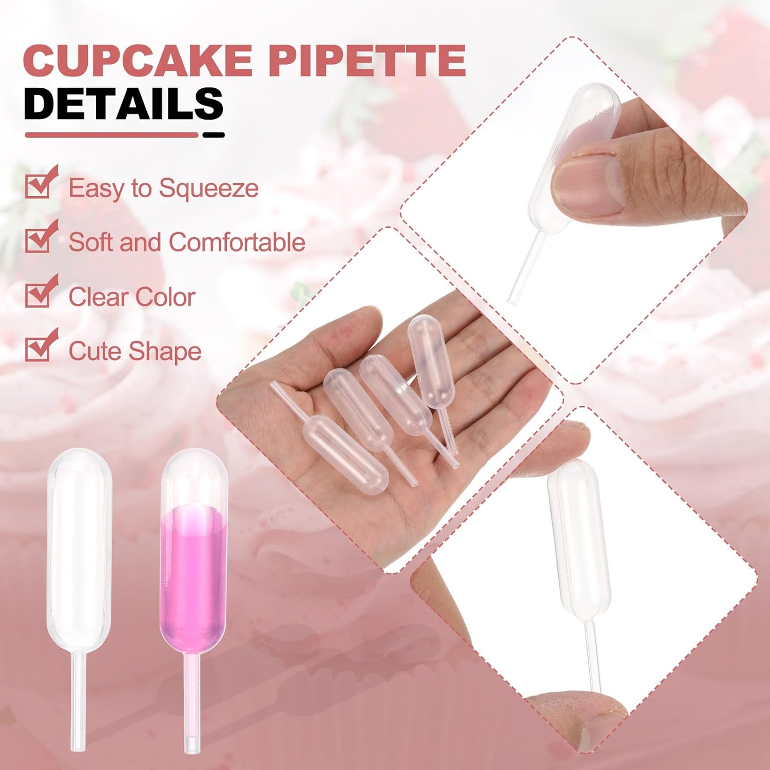 PATIKIL Cupcakes Pipettes, 200 Pcs 4ml Disposable Plastic Dessert Pipettes Strawberry Pipettes Squeeze Transfer Pipettes Droppers for Cupcakes Mini Cakes Desserts, Clear,Dropper/Round/Star