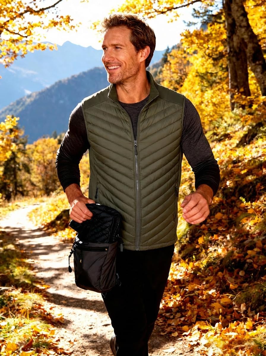 Krumba Mens Lightweight Quilted Vest: Zip Up Sleeveless Pockets Packable Jacket - Casual for Outdoor Running Hiking Travel