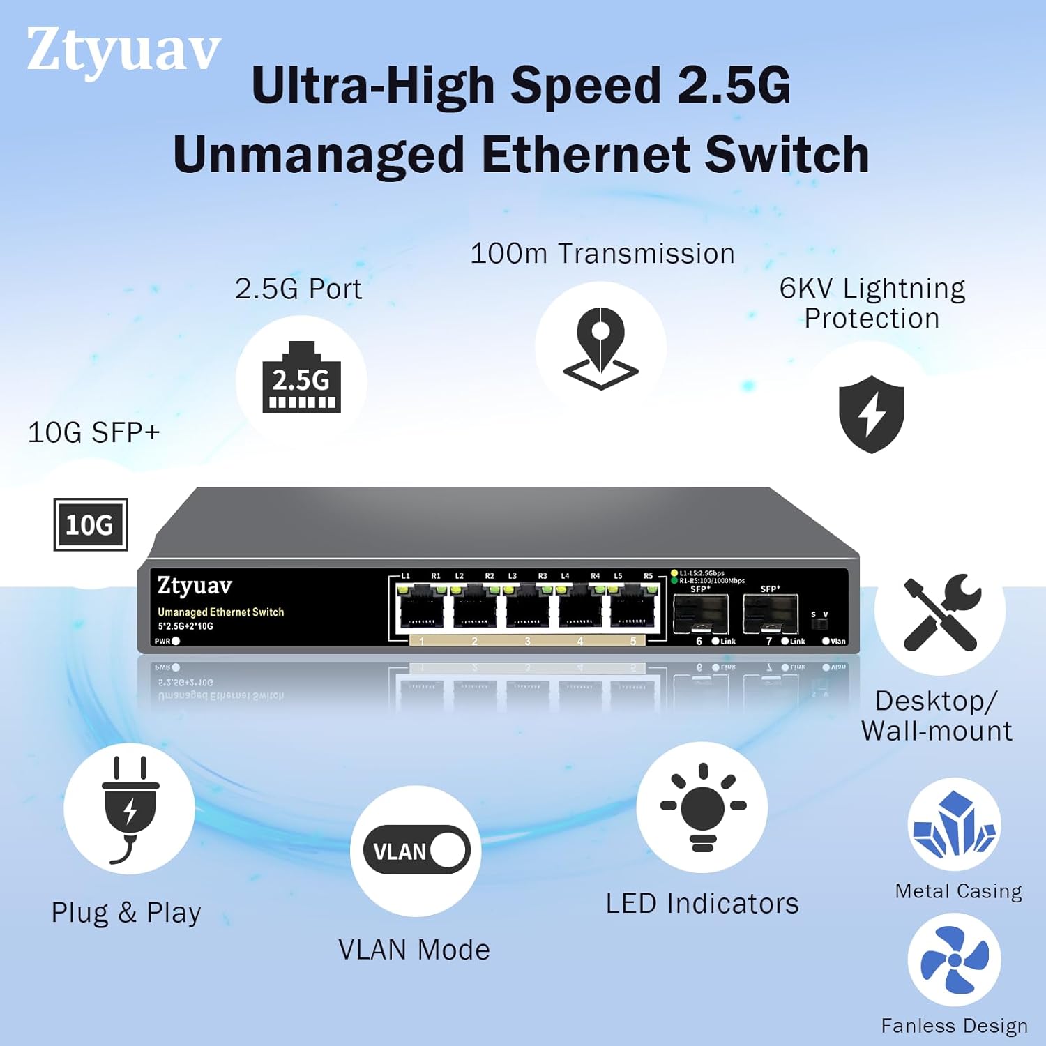 7 Port Unmanaged 2.5G Ethernet Switch with 5 x 2.5G RJ-45 Base-T Ports, 2 x 10G SFP+, Ports Speed Auto-Negotiation-100/1000/2500Mbps, One-Key VLAN, Desktop/Wall Mount, Fanless & Metal