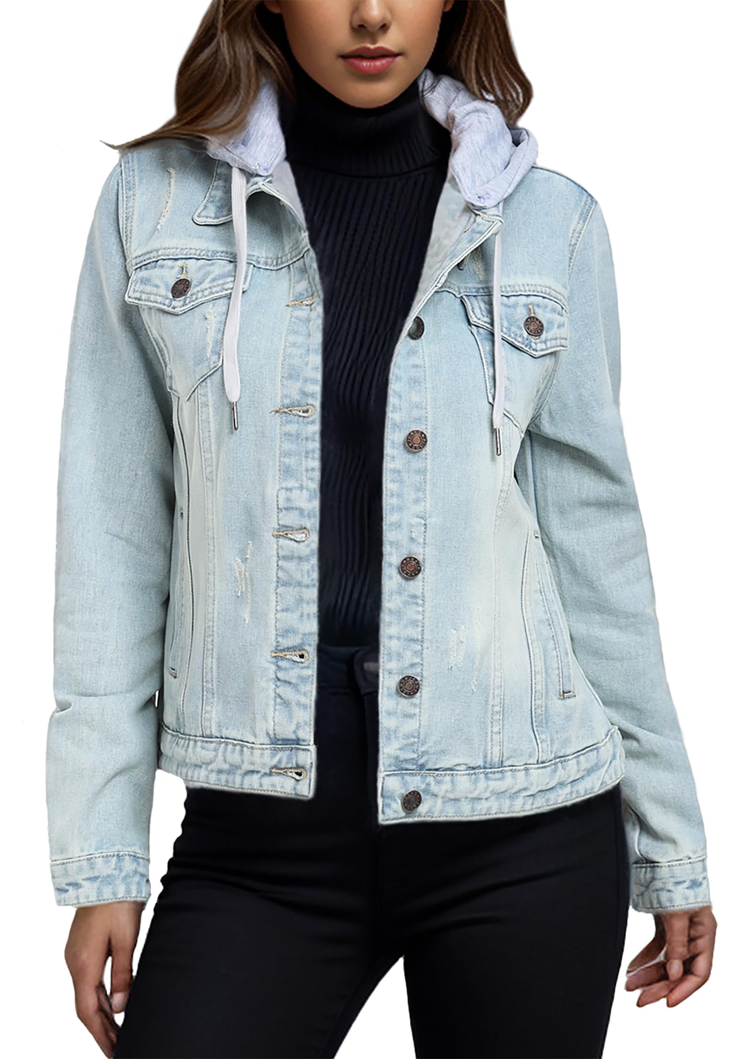 MISS MOLY Denim Jackets For Women Detachable Hoodie Button Down Causal Jean Jacket Coat