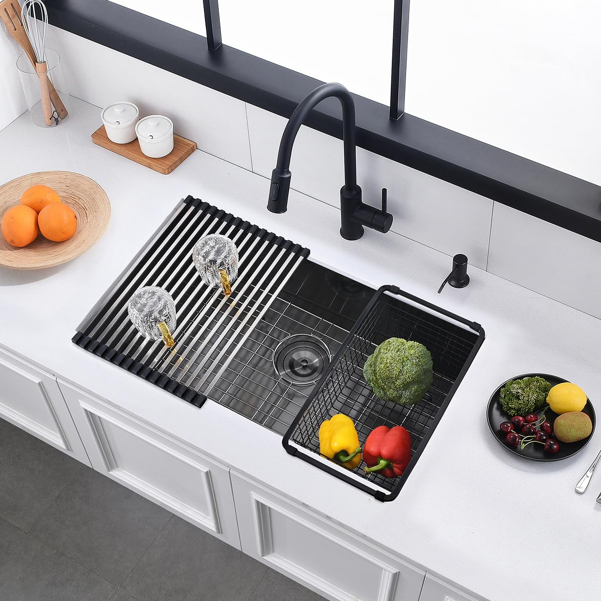 N3022 キッチンストッカー【レノン】KS-1259 フクダクラフト 30 Black Stainless Steel Undermount Kitchen Sink, Luckyhorse 30