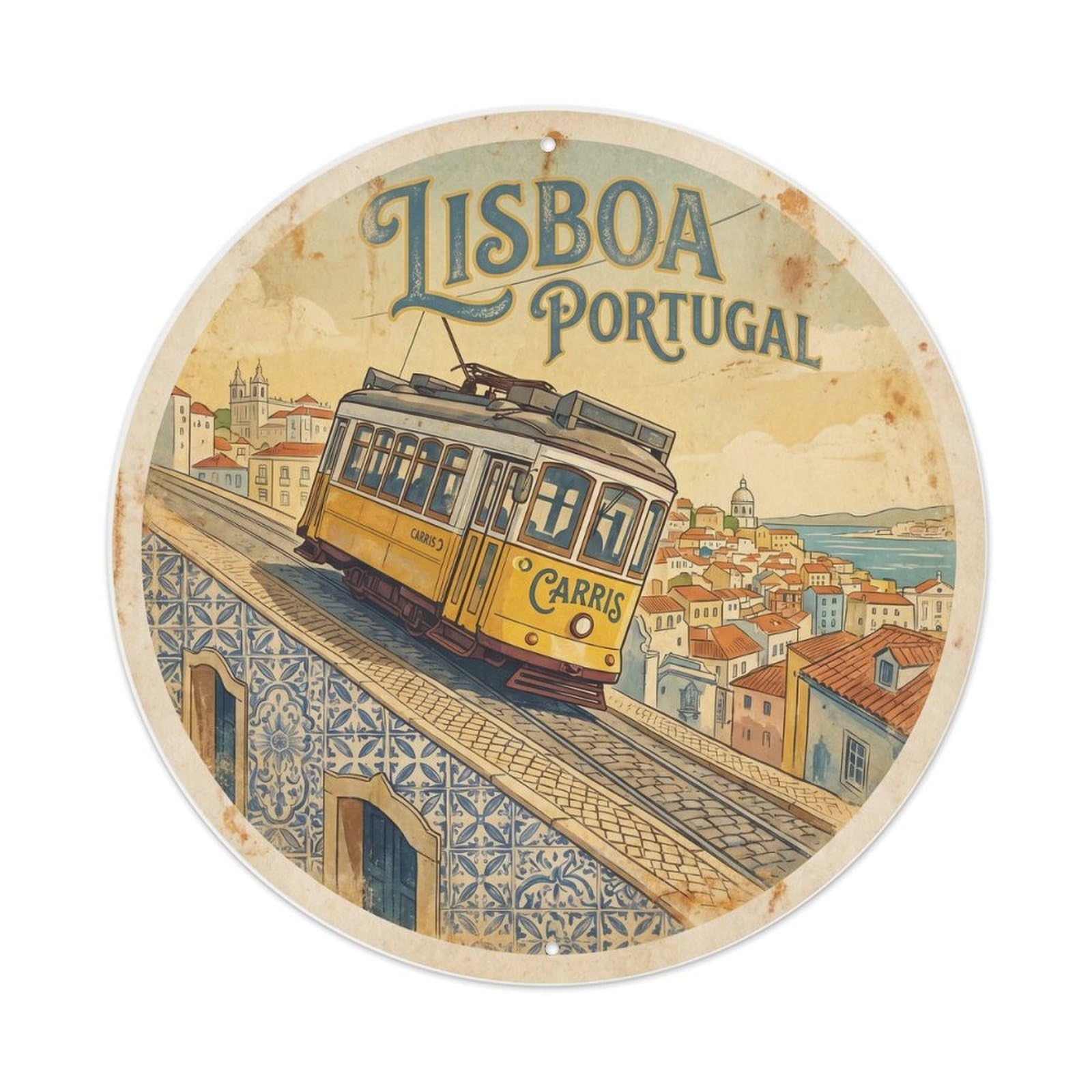 Vintage Travel Lisbon Tram Portugal Metal Tin Sign Plaque Wall Decor for Cafe, Club Bar, Office, Home Garden Round Metal Poster 8x8Inch