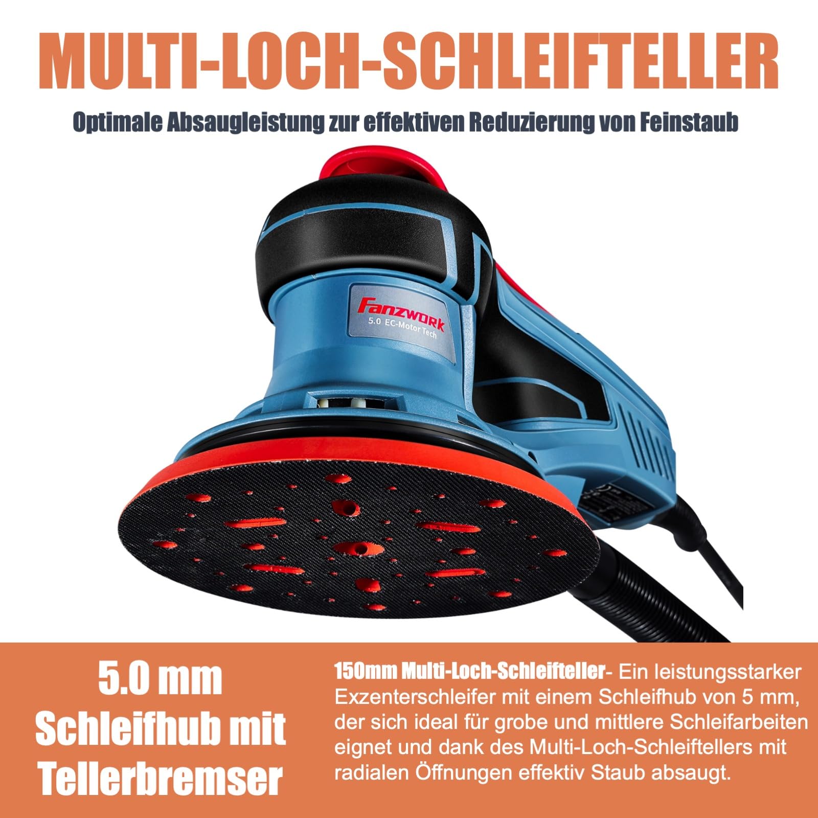 FANZWORK Bürstenloser Exzenterschleifer HG0024,mit 125mm/150mm Schleifteller,5mm Schleifhub, 7-Stufiger Drehzahlregelung bis 10.000 U/min, TELLER-BREMSE, 18x Schleifgitter, Tragkoffer