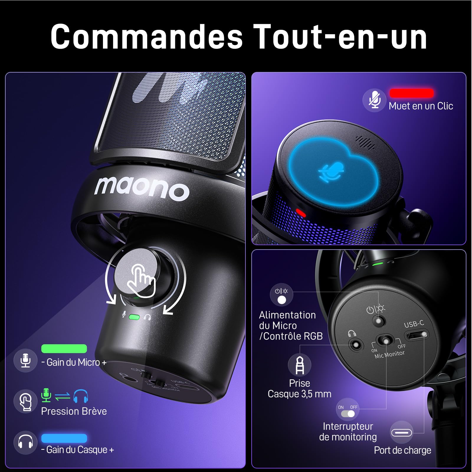 MAONO Micro Gaming sans Fil pour PC, Microphone USB avec Changeur de Voix IA, Suppression du Bruit, EQ Personnalisé, éclairage RVB Réglable pour Jeux, Podcasts, Streaming, DM40 Noir