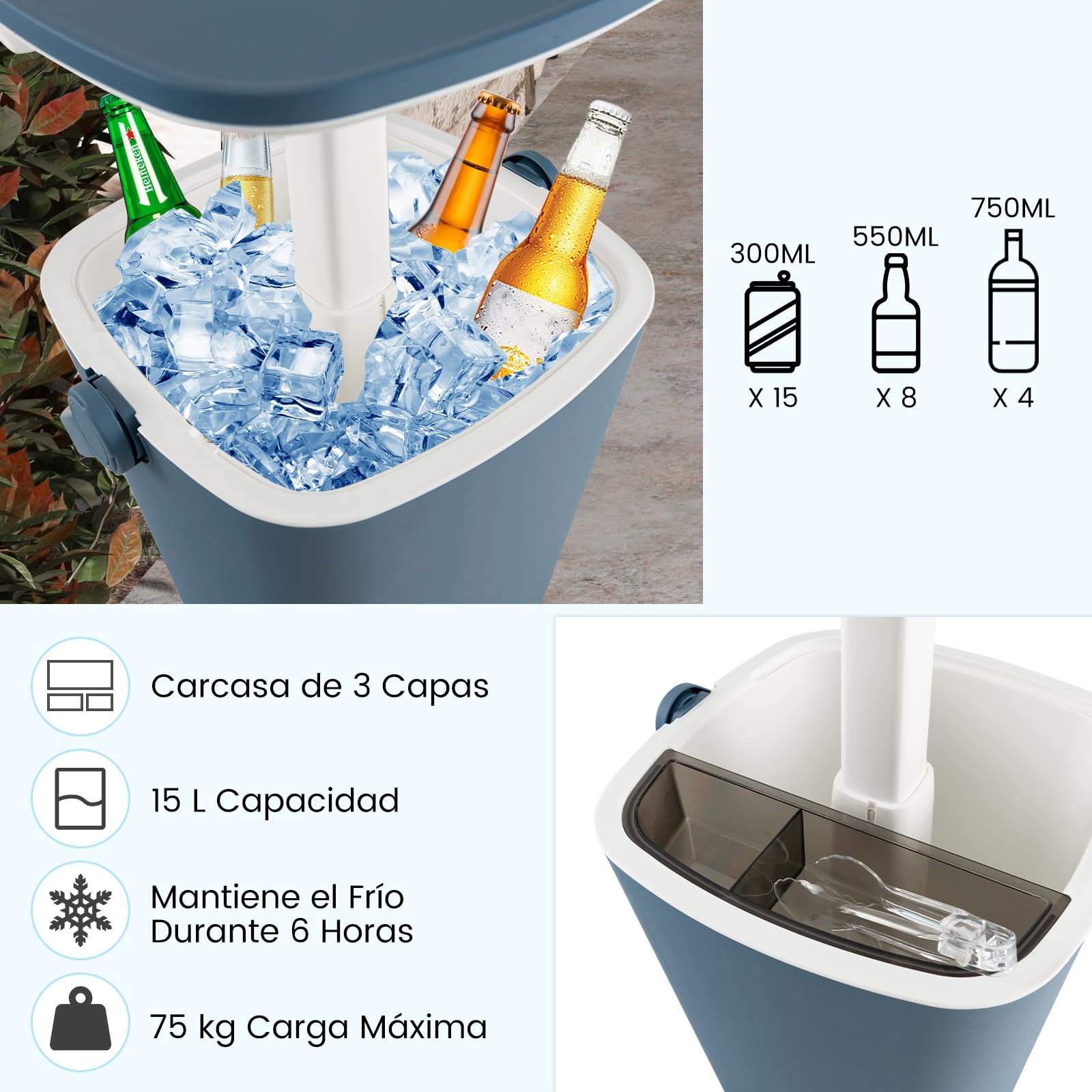 COSTWAY 3 en 1 Mesa Nevera Portatil 15L con Asa, Cool Bar con Abridor de Botellas y Tapa Superior Elevable, 15 Latas, Mesa Cóctel Jardin Terraza (Azul)
