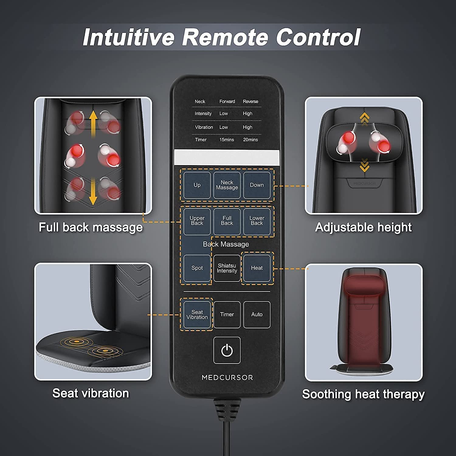 Medcursor Shiatsu Back Massager with Heat, Height Adjustable Massage