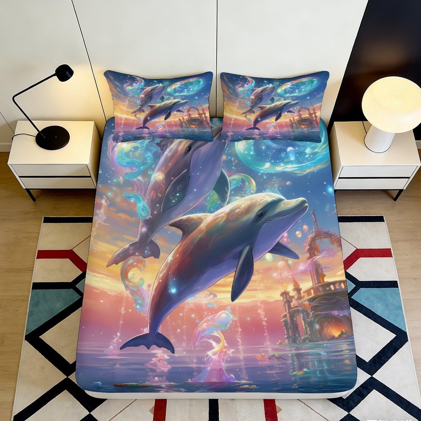 Jqzkxnhpbr Style-8 3D Printed Ocean Dolphin Fitted Sheet Microfiber Soft Mattress Cover Sunset Sea Bed Sheet Bedroom Decor 90X200x25cm