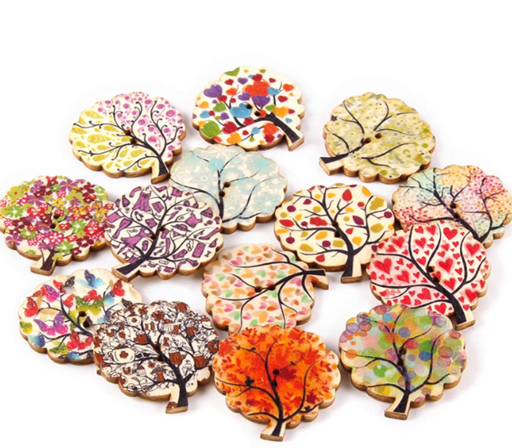AKOAK 50 Pcs Natural Wood Decorative Button 2-Hole Retro Cute Little Tree Heart Flower Painted Button for DIY Crafts Scrapbook Sewing Craft Decoration (Young Trees)