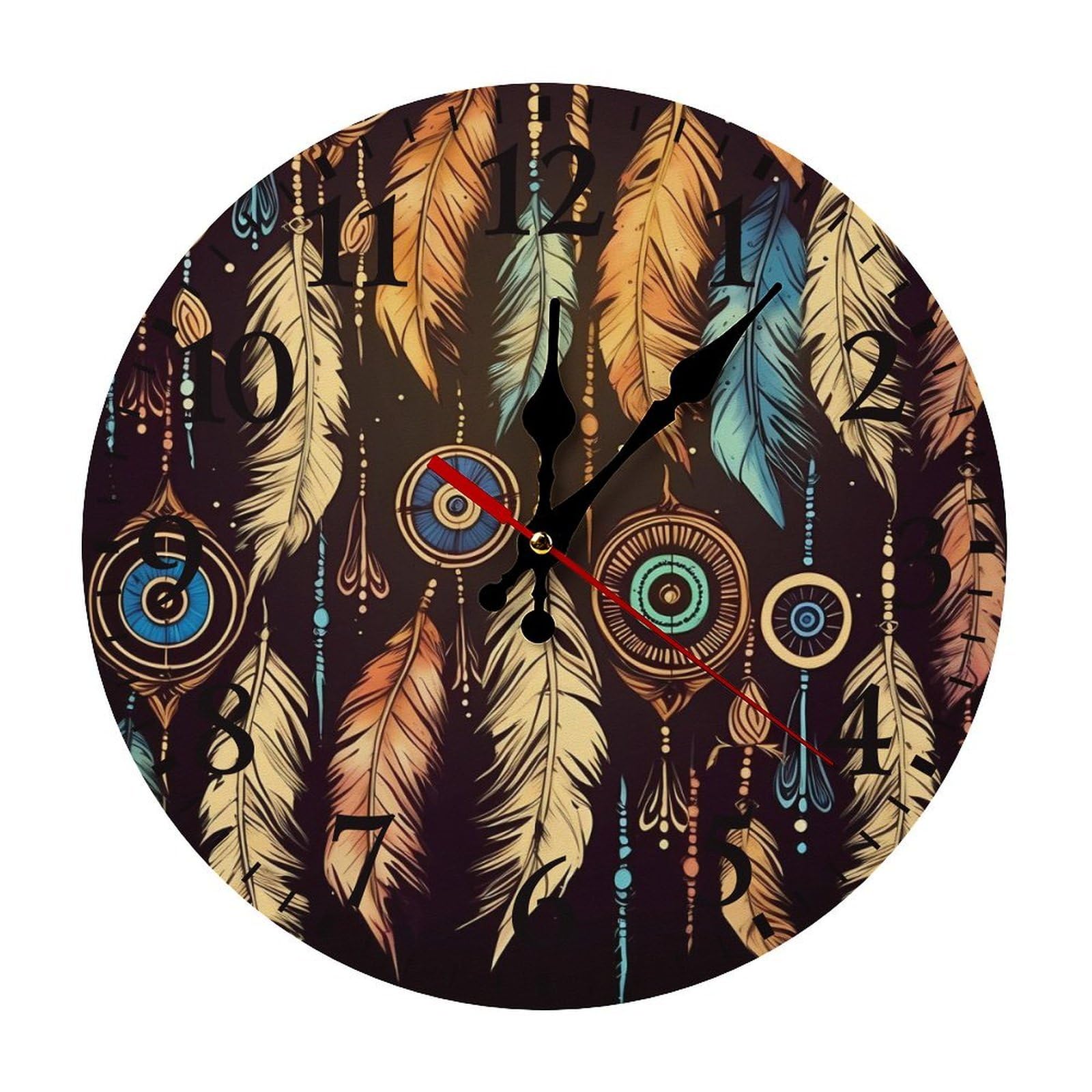NTVOWPZO 10 Inch Wall Clock Vintage Ethnic Tribal Feather Battery Operated Wall Clocks Silent Non-Ticking Round Wall Clock for Living Room Kitchen Home Office Wall Decorative Clock