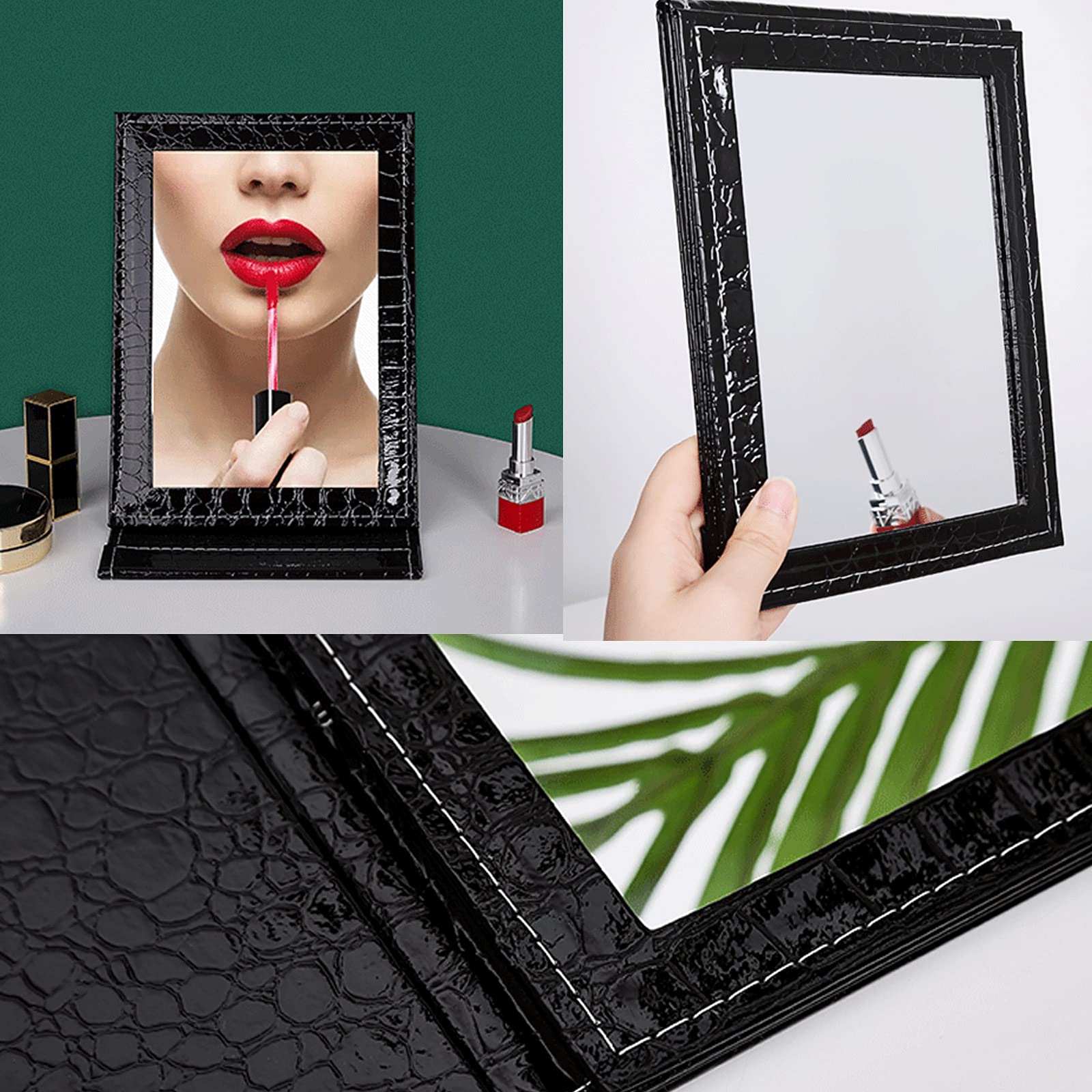 Specchio da scrivania, Specchio per Trucco Pieghevole in PU, Specchio Portatile Intelligente, Specchio Pieghevole da scrivania, Specchio Nero alla Moda Semplice, Specchio cosmetico da Viaggi