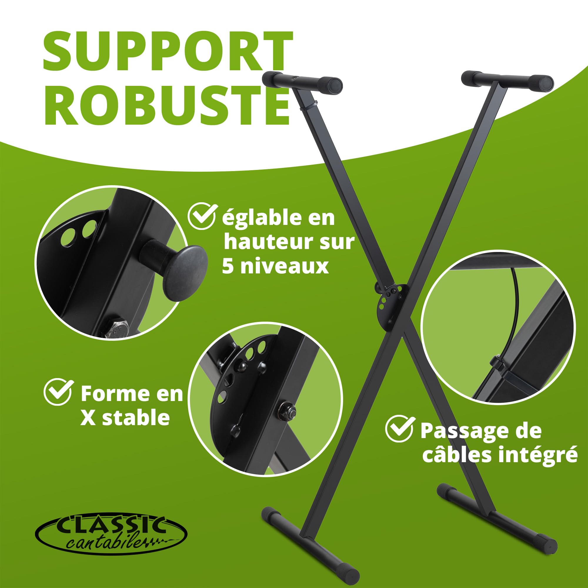 Classic Cantabile Set Clavier Support X-Keyboard 5 Positions réglables en Hauteur - Banc Clavier rembourré 3 Positions réglables – Support Pliable Stable et Tabouret Confortable - Noir