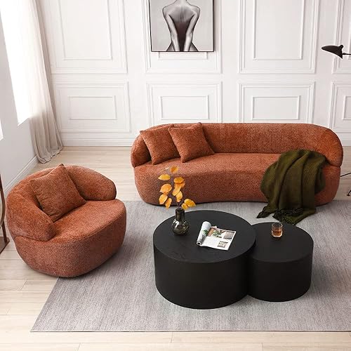Miniatura 14 de WILLIAMSPACE Sofá curvo moderno de lujo con asiento giratorio redondo y decorativo, juego de 2 piezas, sofá tapizado de tela boucle con 3 cojines
