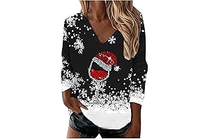 Womens Novelty Christmas Wine Glass With Santa Hat Graphic Shirt