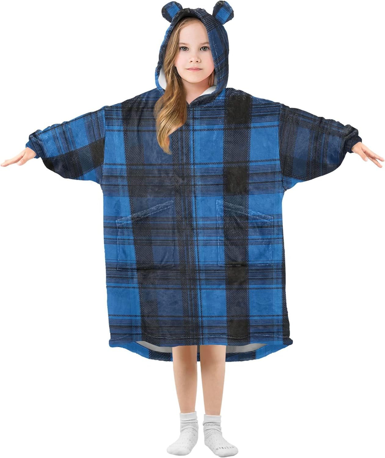 Blue Buffalo Check Plaid Kids Wearable Blanket Hoodie and Sleeves for Toddlers, Cute Hoodies Girls B0403954