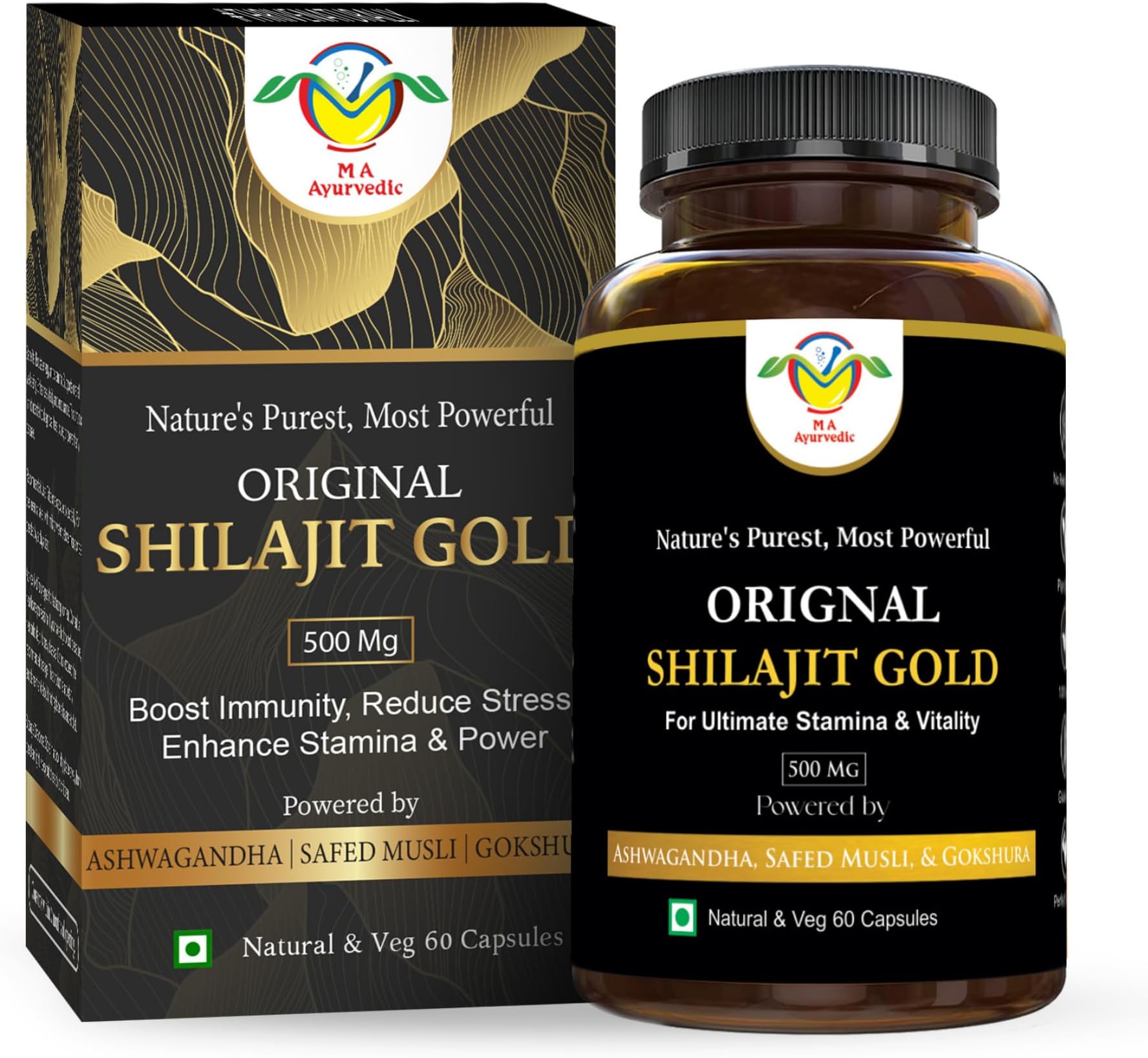 Shilajit Gold Capsules For Men With Ashwagandha, Gokshura, & Safed Musli - Natural Energy Booster And Strength, 60 Original Shilajit Capsules