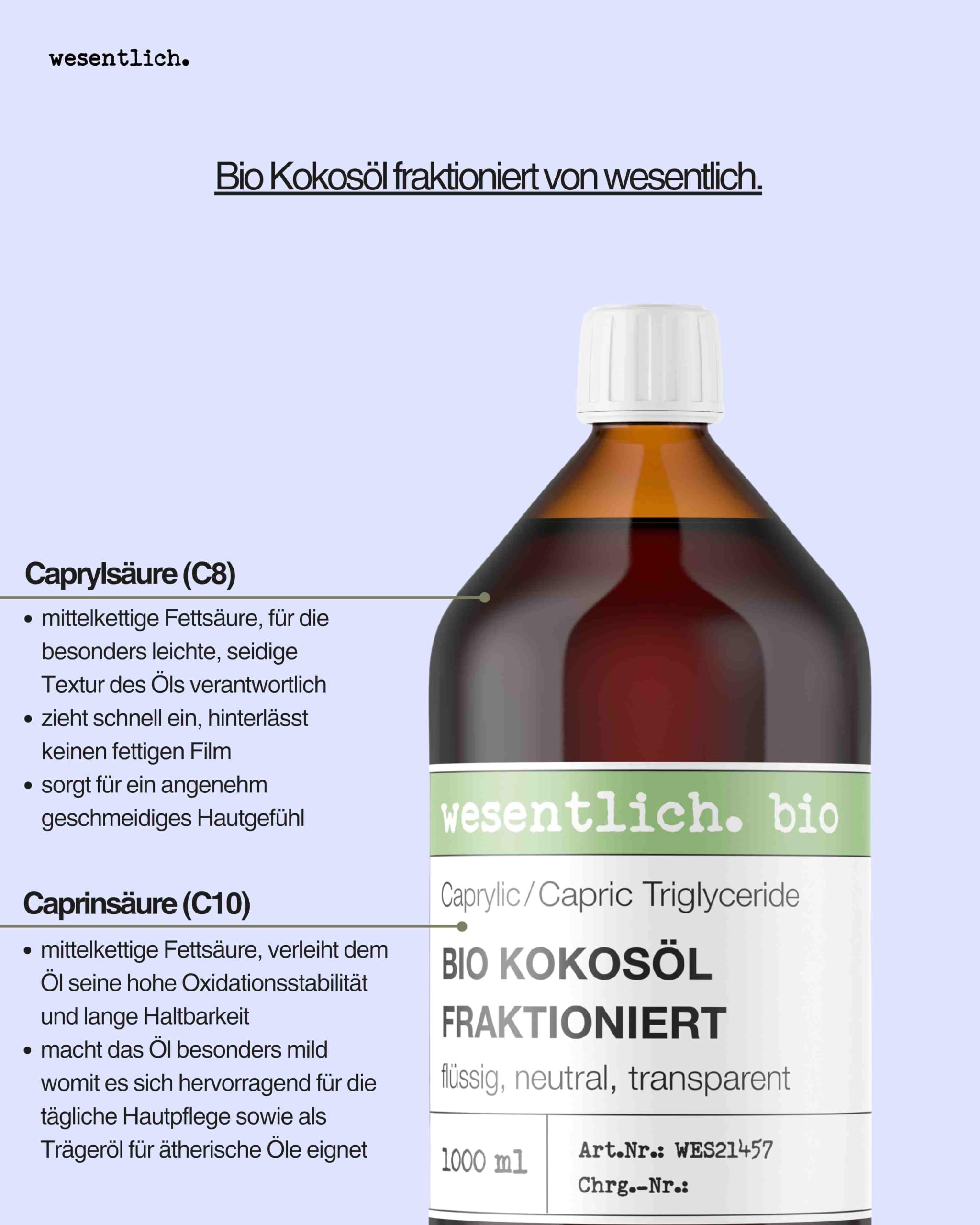 wesentlich. Bio Kokosöl fraktioniert 1000 ml - flüssiges Kokosöl in der Glasflasche - geruchsneutrales Körperöl & Massageöl - Trägeröl für ätherische Öle