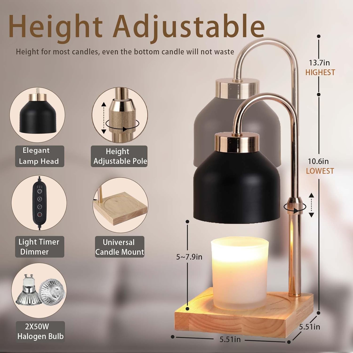 New Adjustable Height Candle Warmer Lamp with 2 Bulbs, Dimmable and Timed, No Flame Scented Electric Candle Lamp Warmer, Gifts for Girlfriends or Mothers, for Bedroom Home Decoration
