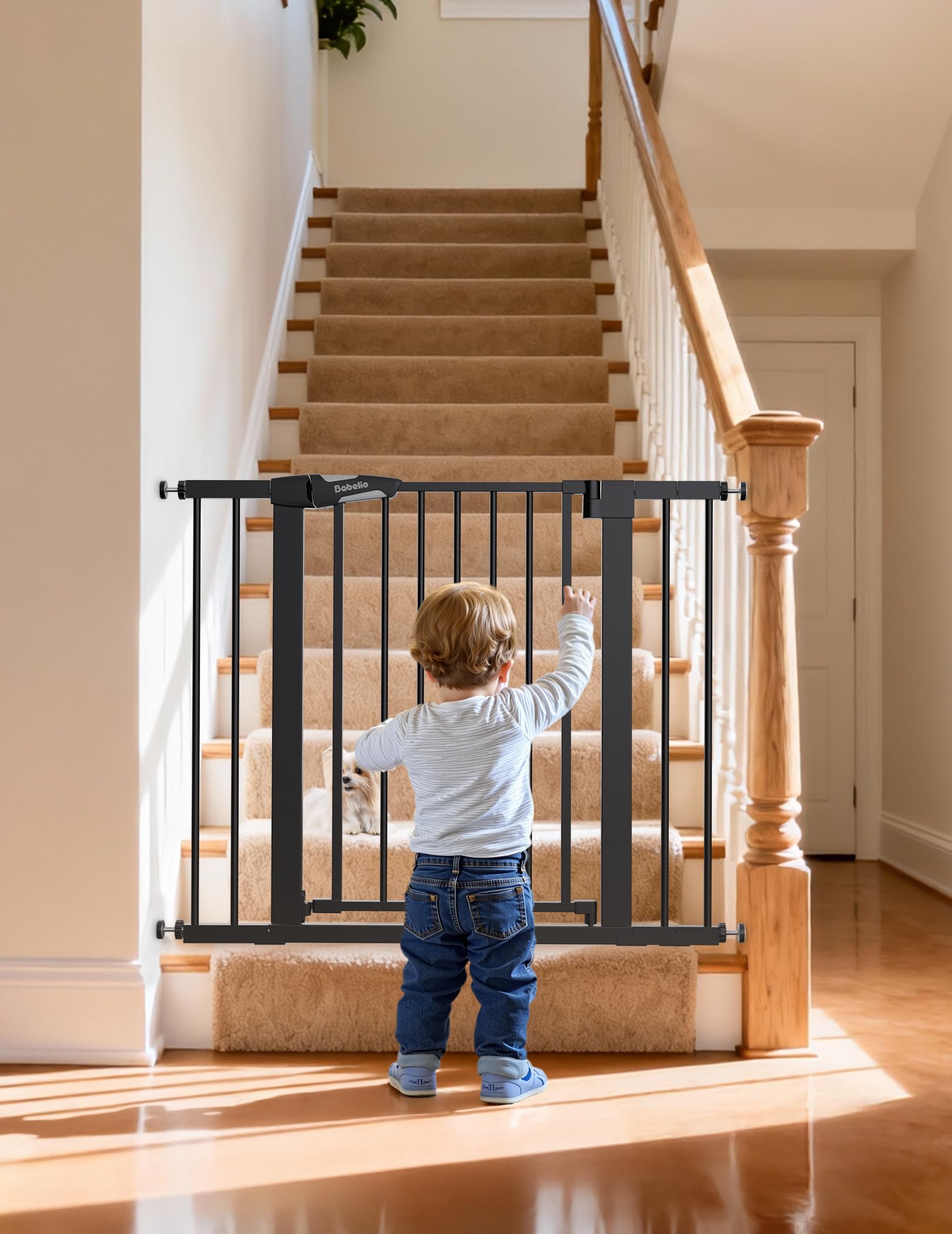 Babelio Baby Gate for Doorways and Stairs, 26-40" Auto Close Dog Gate, PressGuard C5, Easy-Install Pressure Mounted Satey Door, No Drilling Safety Gate for Child and Pets, Black