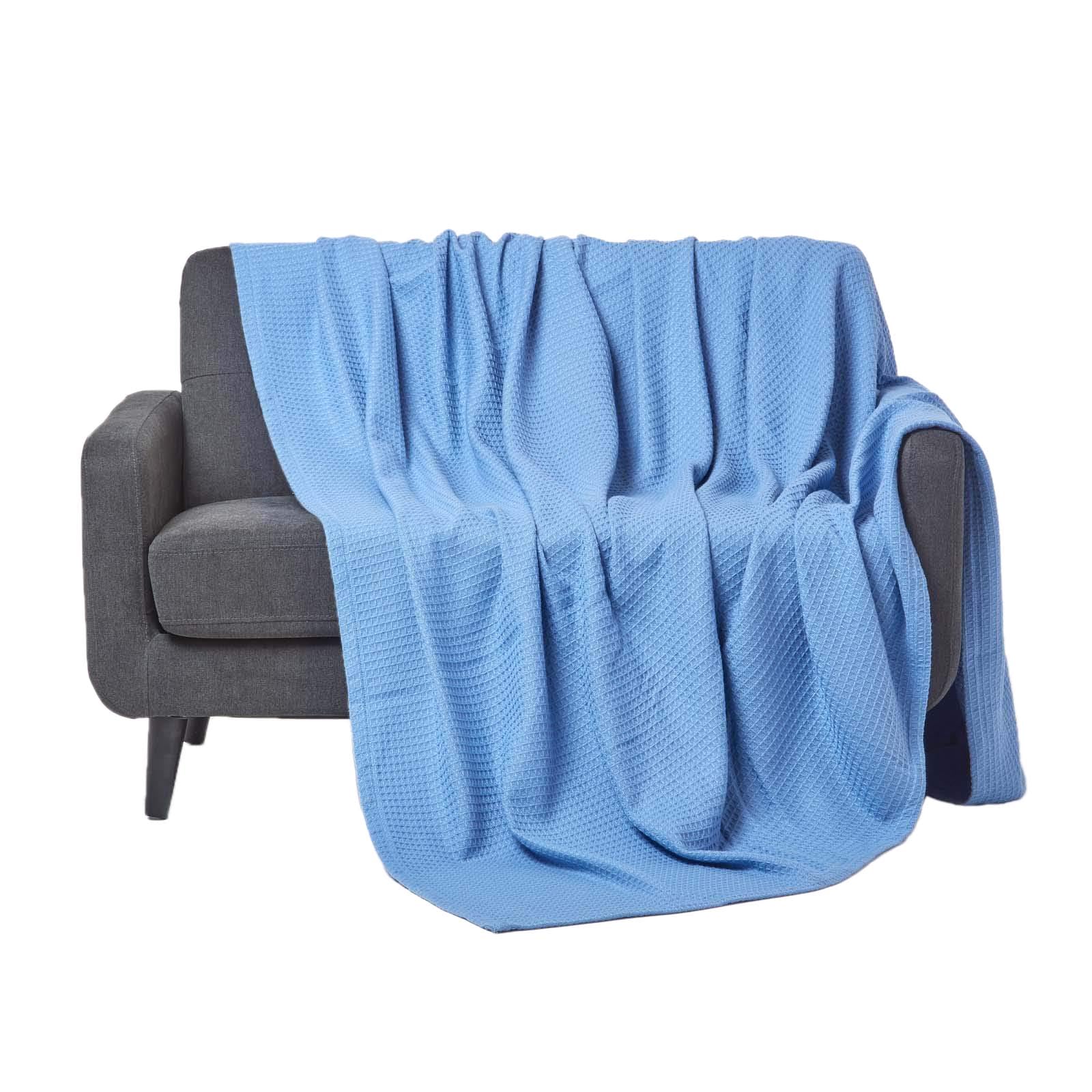 Homescapes - 100% Organic Cotton Waffle Blanket - Blue - Super King Bed Size 280 x 230 cm - Super Soft Combed Cotton Blanket Throw