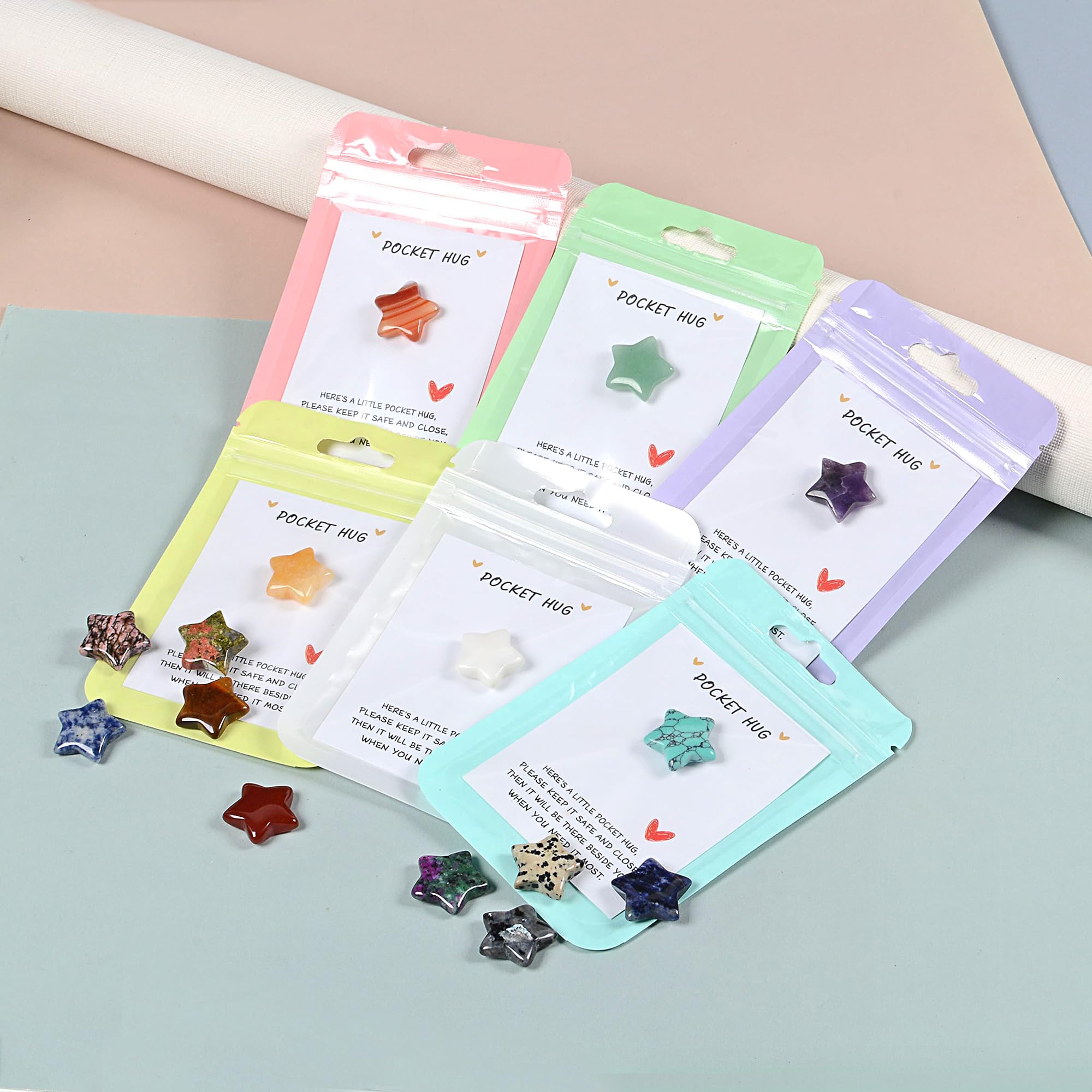 42 Sets Bulk Pocket Hug Little Star Worry Stones Token Gift Card for Friends Colleagues Family Distance Social Celebration of Life Gift