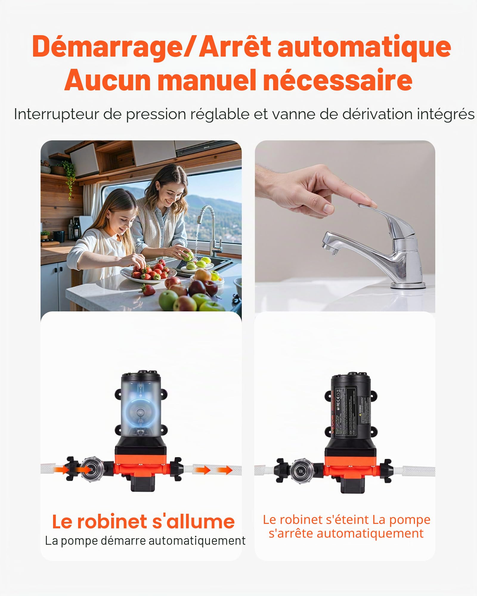 VEVOR Pompe à Eau à Membrane Auto-amorçante 12 V CC 18,9 L/min Pression 4,8 bar 4 Chambres, avec Pressostat, Pompe à Eau pour Camping-car, Lavage de Voitures, Bateaux, Irrigation Agricole, Jardin