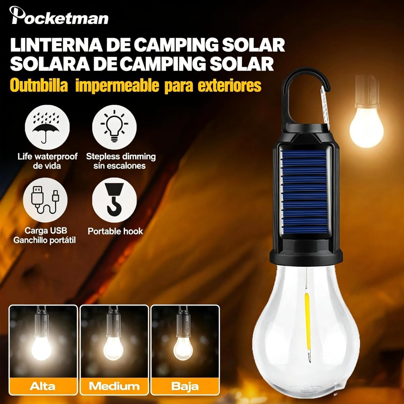 Bombilla Led Solar HookPro - Lámpara Solar Portátil Recargable, 3 Niveles De Luz, Ideal Para Acampadas, Senderismo, Escalada Y Viajes Con Mochila. (4 PCS)
