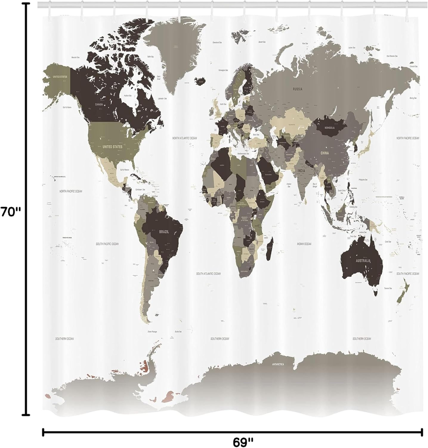 Ambesonne Earth Shower Curtain, Detailed World Map with All Countries Major Capital Cities Universe Continents, Cloth Fabric Bathroom Decor Set with Hooks, 69" W x 70" L, Dark Sepia