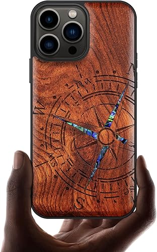 Carveit Funda protectora de madera de diseñador para iPhone 13 Pro Max, cubierta magnética, grabado de madera e incrustaciones de concha, funda de