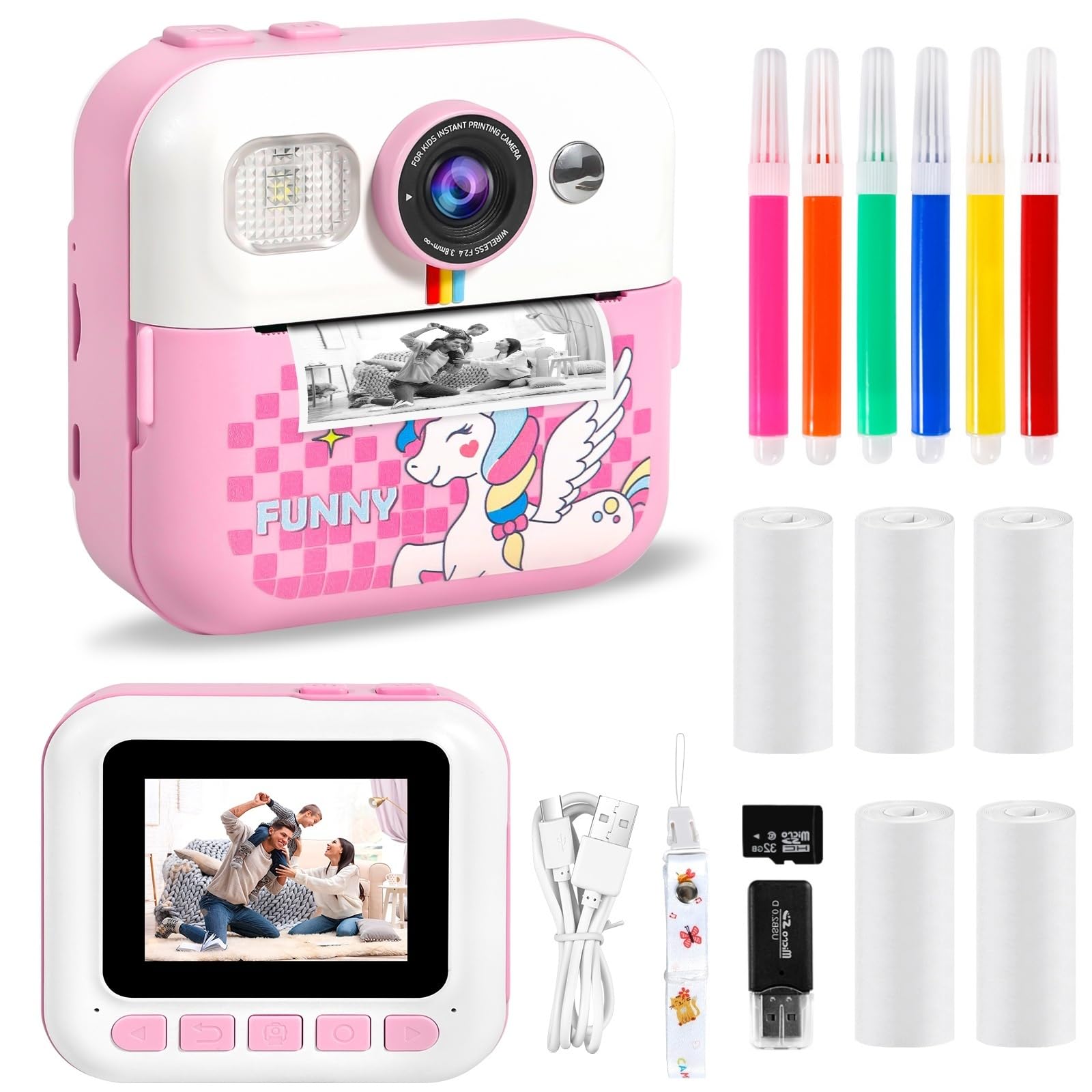 Appareil Photo Instantané Enfants 1080p – Impression Thermique Noire, écran 2.4″, 6x Zoom, Jeux, Filtres, Carte 32Go Incluse