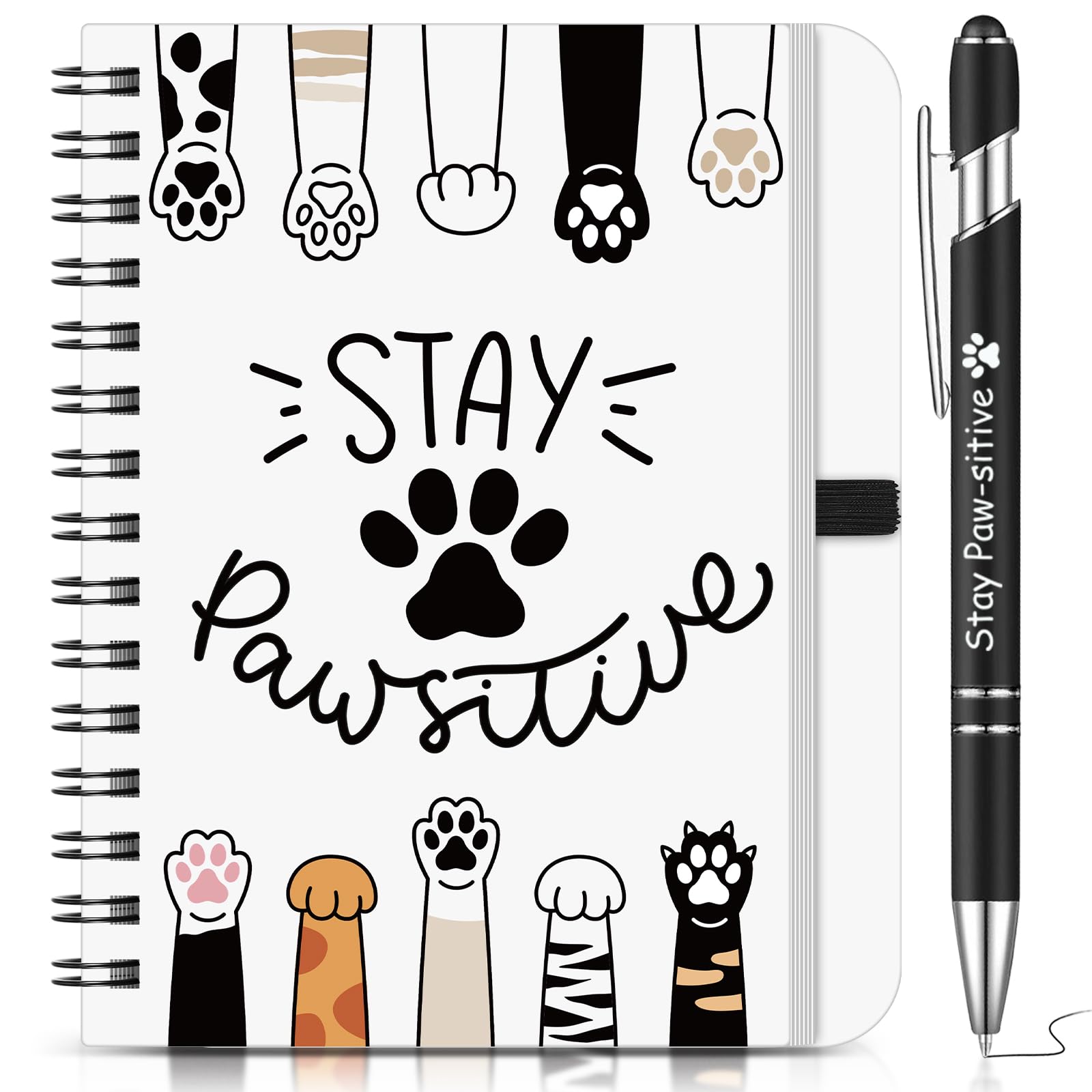 BBTO 2 Pcs Positive Stationery Gift Set Stay Pawsitive Notebook and Pen Motivational Quote Pet Spiral Journal Pet Lover Cute Paw Print Stationery for Friends Family Colleagues Gift