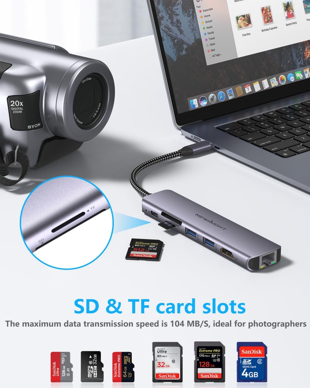 Diagram showing wide compatibility of Newmight C721 USB C Hub with various devices and operating systems