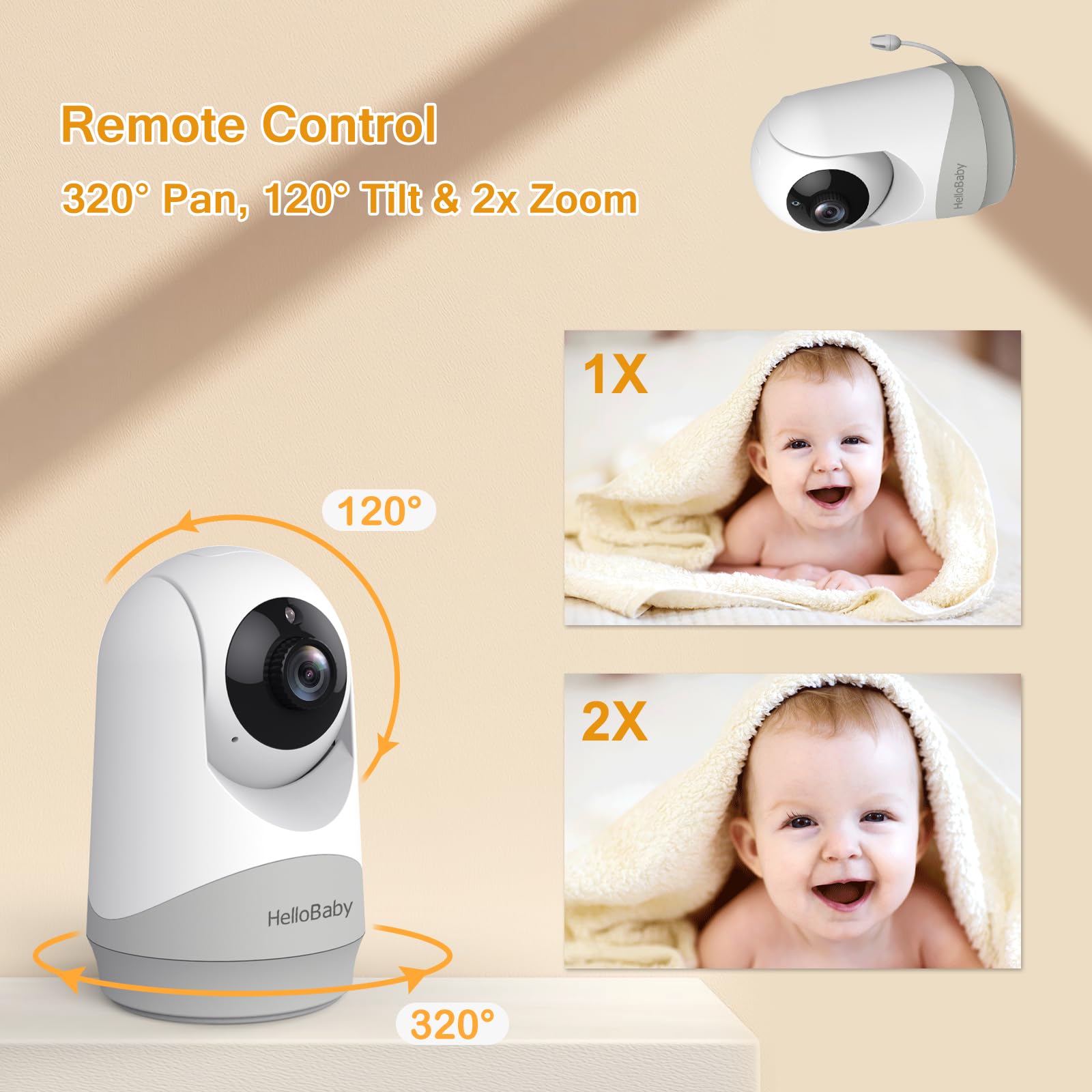 HelloBaby Babyphone mit Kamera, Ohne WLAN, 3,2-Zoll-IPS-Bildschirm, Nachtsicht, Schwenken, Neigen, Zoomen, Temperaturüberwachung, 2-Wege-Audio, Schlaflied, Fütterungsalarm